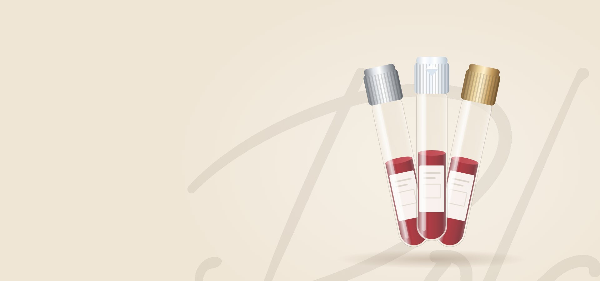 Blood test tubes with silver, white and gold caps